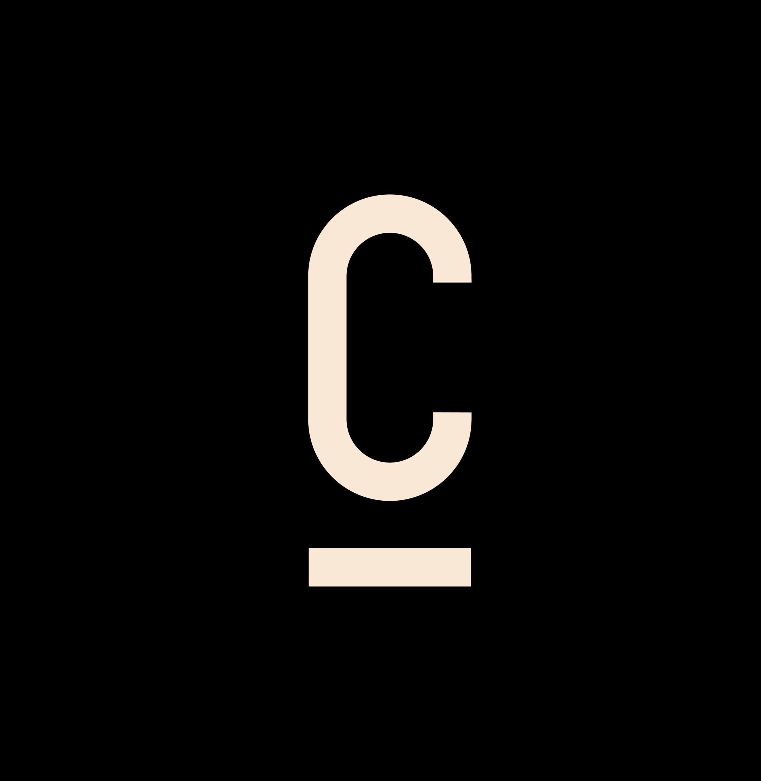 A beige letter C with a horizontal line beneath it, centered on a black background.