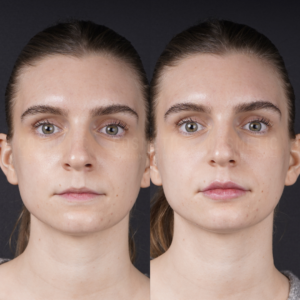 Side-by-side photos of a young woman with light skin and straight brown hair, displaying a neutral expression. The left image shows her before, while the right highlights subtle enhancements in her appearance after lip filler injections.