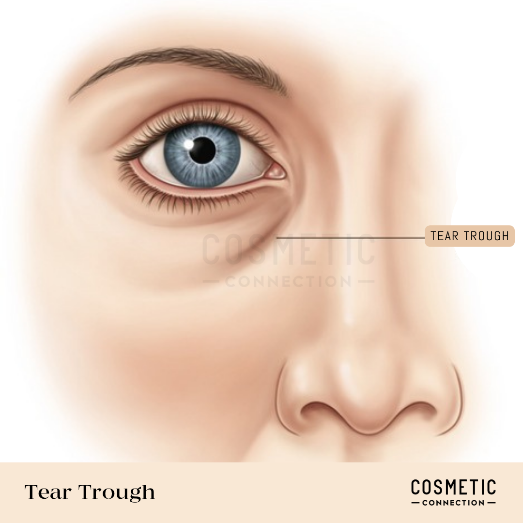 Illustration of a human eye highlighting the tear trough area beneath it. The focus is on the contour and shadow below the eye, often associated with tiredness or aging. The image is labeled Tear Trough and Cosmetic Connection at the bottom.