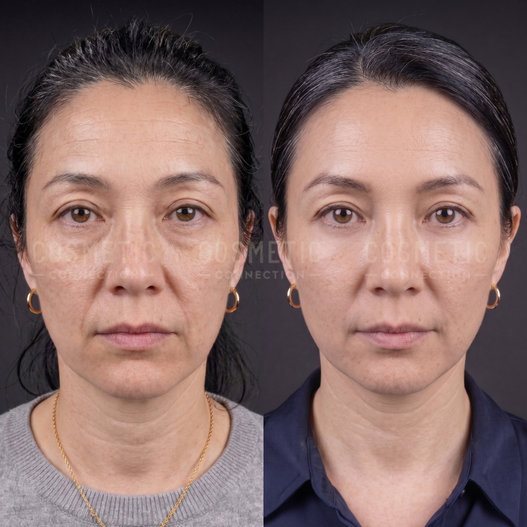 Side-by-side comparison of a woman’s face before (left) and after (right) a cosmetic procedure, showing smoother skin, reduced wrinkles, and a more even complexion in the after image.