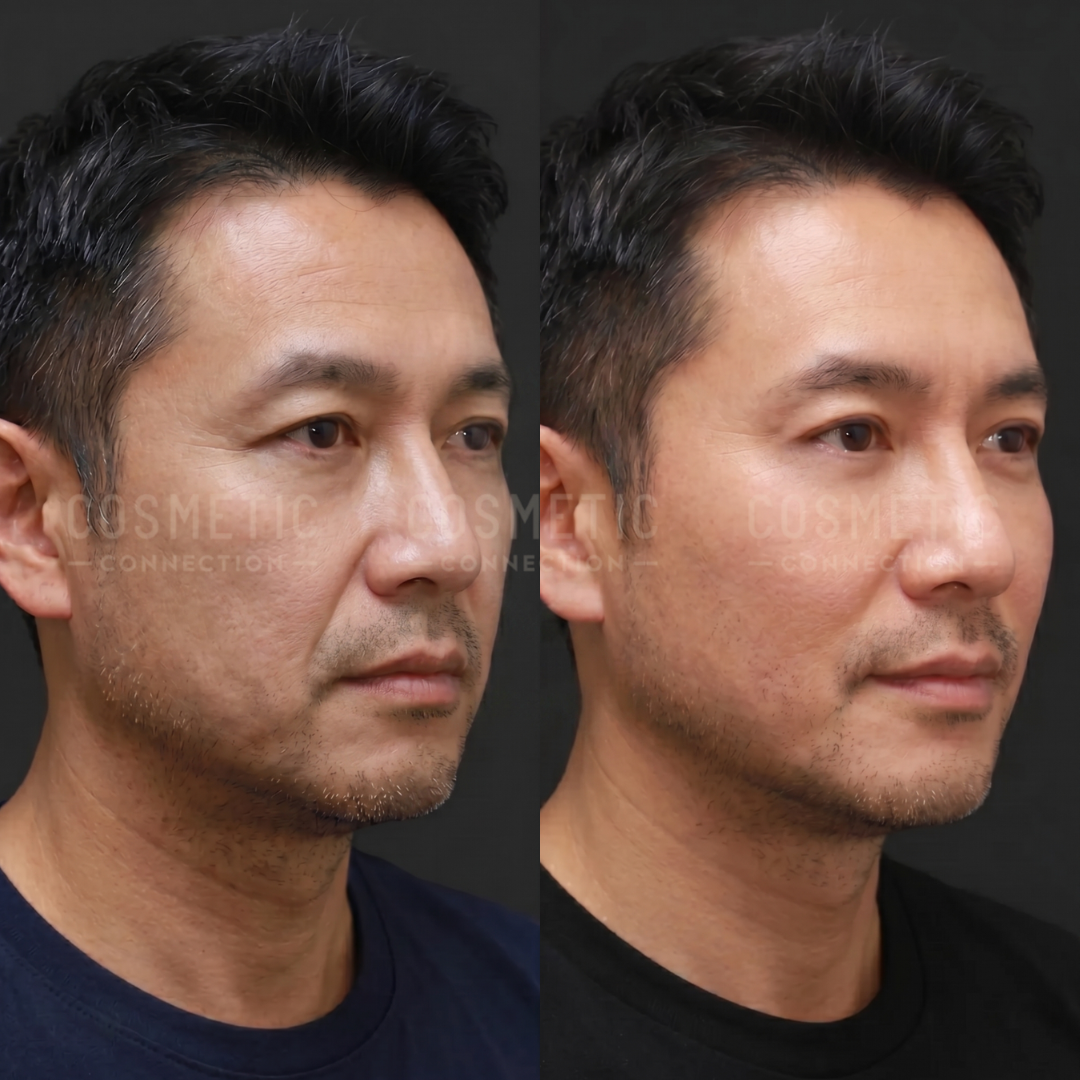 Side-by-side photos of a man before and after a cosmetic treatment, showing a more even skin tone, smoother complexion, and slightly lifted facial features in the after image.