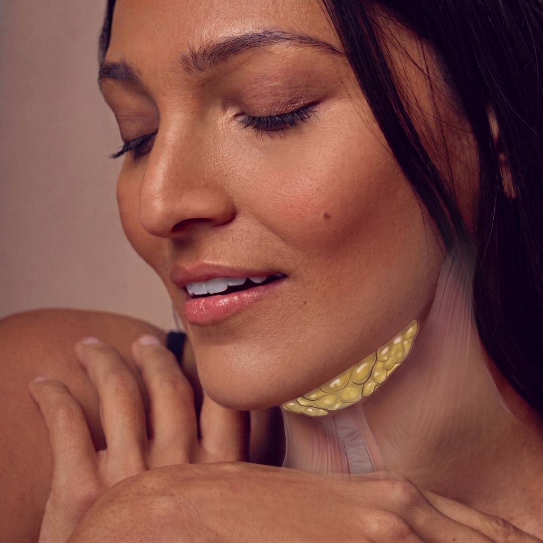 A woman smiles with her eyes closed, touching her shoulder. An anatomical illustration overlays her neck, showing yellow fat cells under the skin below her chin.
