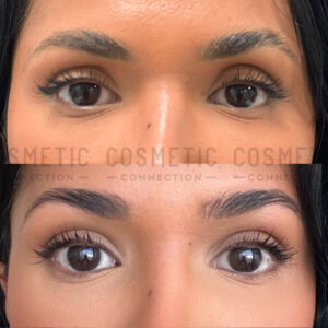 Close-up before-and-after images of eyebrows. The first shows natural, sparse eyebrows, and the second displays full, well-groomed eyebrows with defined shape, suggesting enhancement or makeup application.