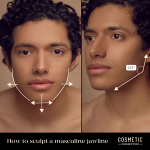 Side-by-side images of a person with curly hair, highlighting angles related to jawline enhancement. Diagram shows measurements and angles on the face. Text reads, How to sculpt a masculine jawline at the bottom.
