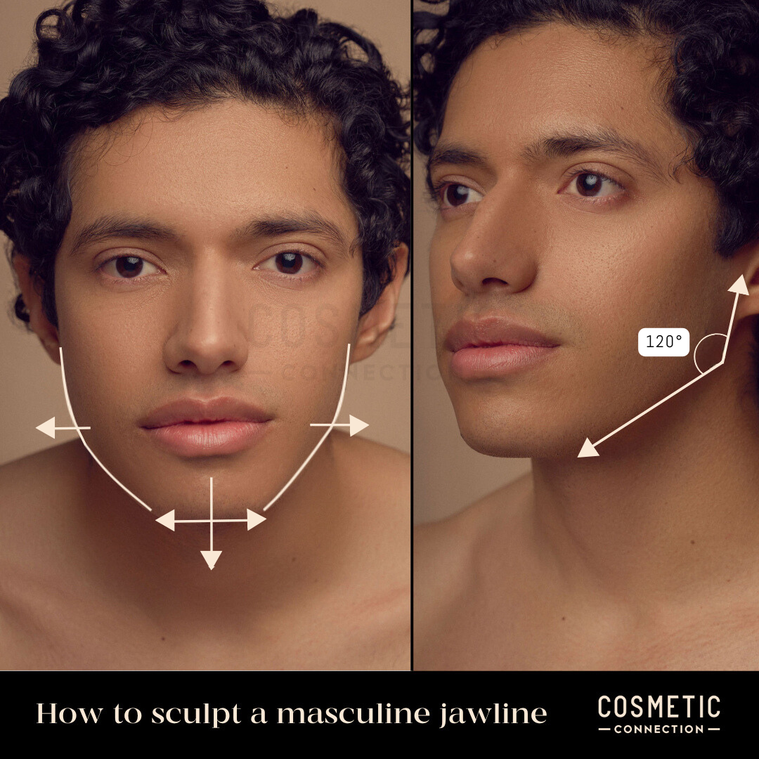 Side-by-side images of a person with curly hair, highlighting angles related to jawline enhancement. Diagram shows measurements and angles on the face. Text reads, How to sculpt a masculine jawline at the bottom.