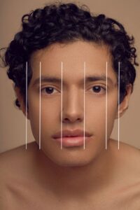A person with curly hair looks directly at the camera. Vertical lines are overlaid symmetrically on their face. The background is a plain, neutral color.