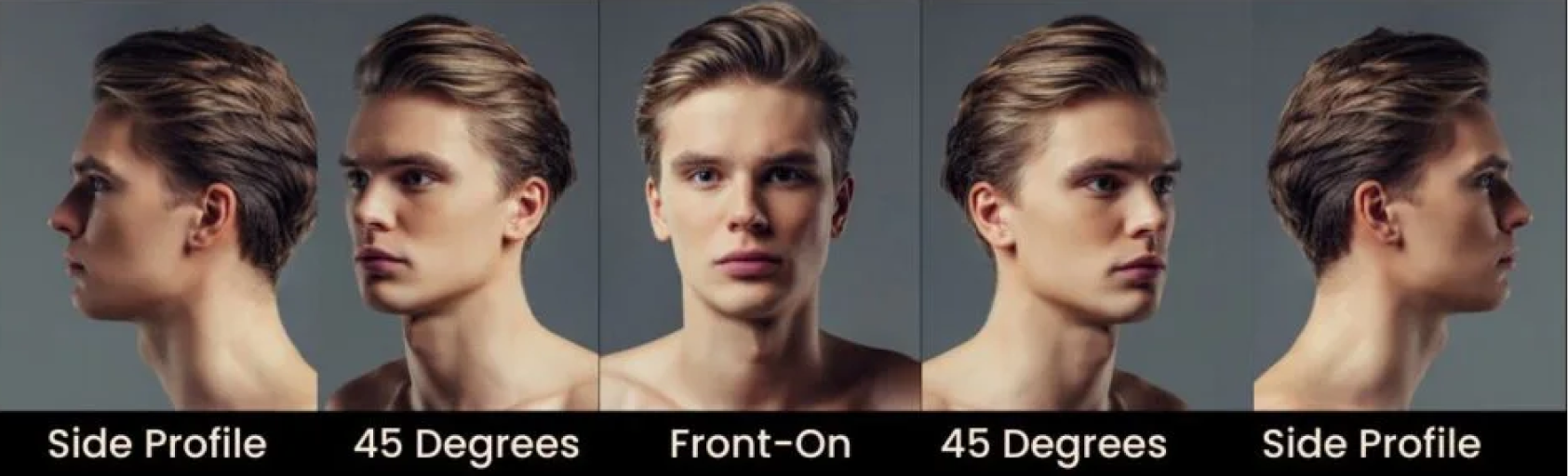 A young man with styled hair is shown in five headshots: side profile, 45-degree angle, front-on, another 45-degree angle, and side profile again. Each shot highlights different facial angles and expressions against a neutral background.