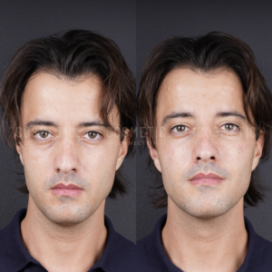Before and after showing the results of under eye dermal fillers. Before (left) shows a man with hollow under eyes. After (right) shows a reduction in hollowness and dark circles.