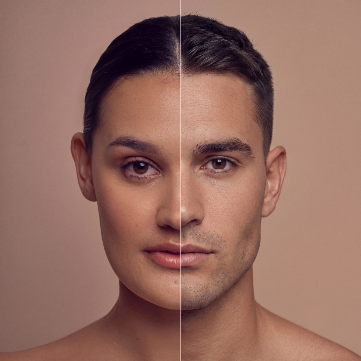 A digitally edited photo showing the left half of a womans face and the right half of a mans face merged together, both with neutral expressions against a plain beige background.
