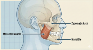 Diagram of a human head in profile showing the masseter muscle, zygomatic arch, and mandible, with labels pointing to each anatomical feature.
