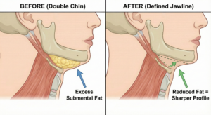 Side-by-side diagram showing a profile view of a neck. Left: double chin with excess submental fat. Right: defined jawline with reduced fat and a sharper profile. Labels indicate changes in fat and jaw definition.