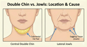 Side-by-side diagrams show a double chin with a highlighted submental fat pad under the chin, and jowls with arrows pointing to sagging tissue along the jawline. Text explains locations and causes.