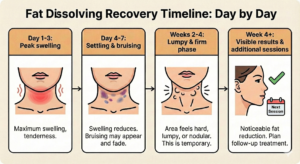 A timeline graphic showing four stages of fat dissolving recovery: peak swelling (days 1-3), swelling and bruising (days 4-7), lumpy and firm phase (weeks 2-4), and visible results with additional sessions (week 4+).