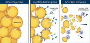 Three panels show fat cells before injection (intact), during injection with deoxycholic acid (cells breaking apart), and after, with immune cells (macrophages) removing broken cell fragments.
