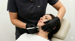 A person wearing black gloves marks dots on a womans chin with a pen, preparing her for a cosmetic procedure as she sits in a reclined medical chair.