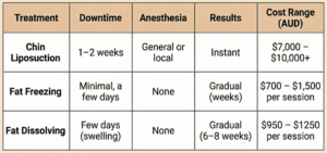 A comparison table of chin fat removal treatments showing downtime, anesthesia, results, and cost range in AUD for chin liposuction, fat freezing, and fat dissolving.