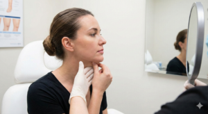 A woman sits in a clinic examining her jawline in a handheld mirror while a person wearing medical gloves touches her chin, possibly during a cosmetic consultation.