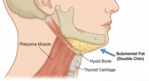 Illustration of the side view of a persons lower face and neck, labeling the platysma muscle, hyoid bone, thyroid cartilage, and submental fat (double chin) with a blue arrow.