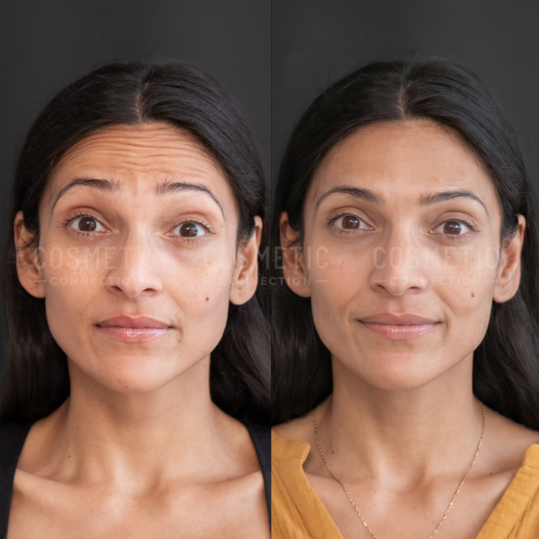 Side-by-side photos of a woman before and after a cosmetic procedure; the left shows her raising her eyebrows with visible forehead lines, and the right shows smoother skin with a relaxed expression.