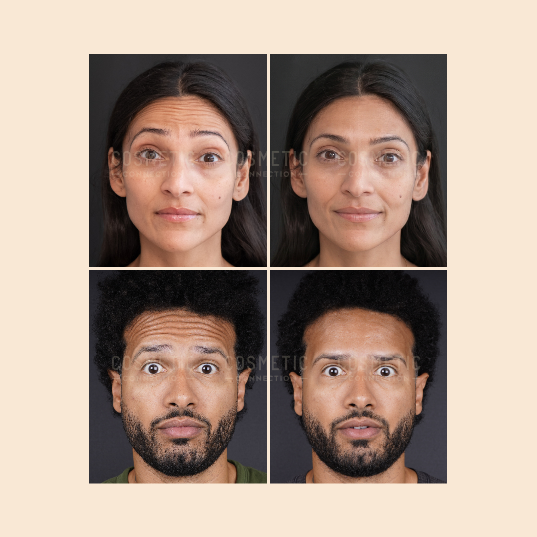 Four headshot photos: the top row shows a woman with long dark hair, before and after with neutral backgrounds; the bottom row shows a man with curly hair and a beard, also before and after with similar neutral backgrounds.
