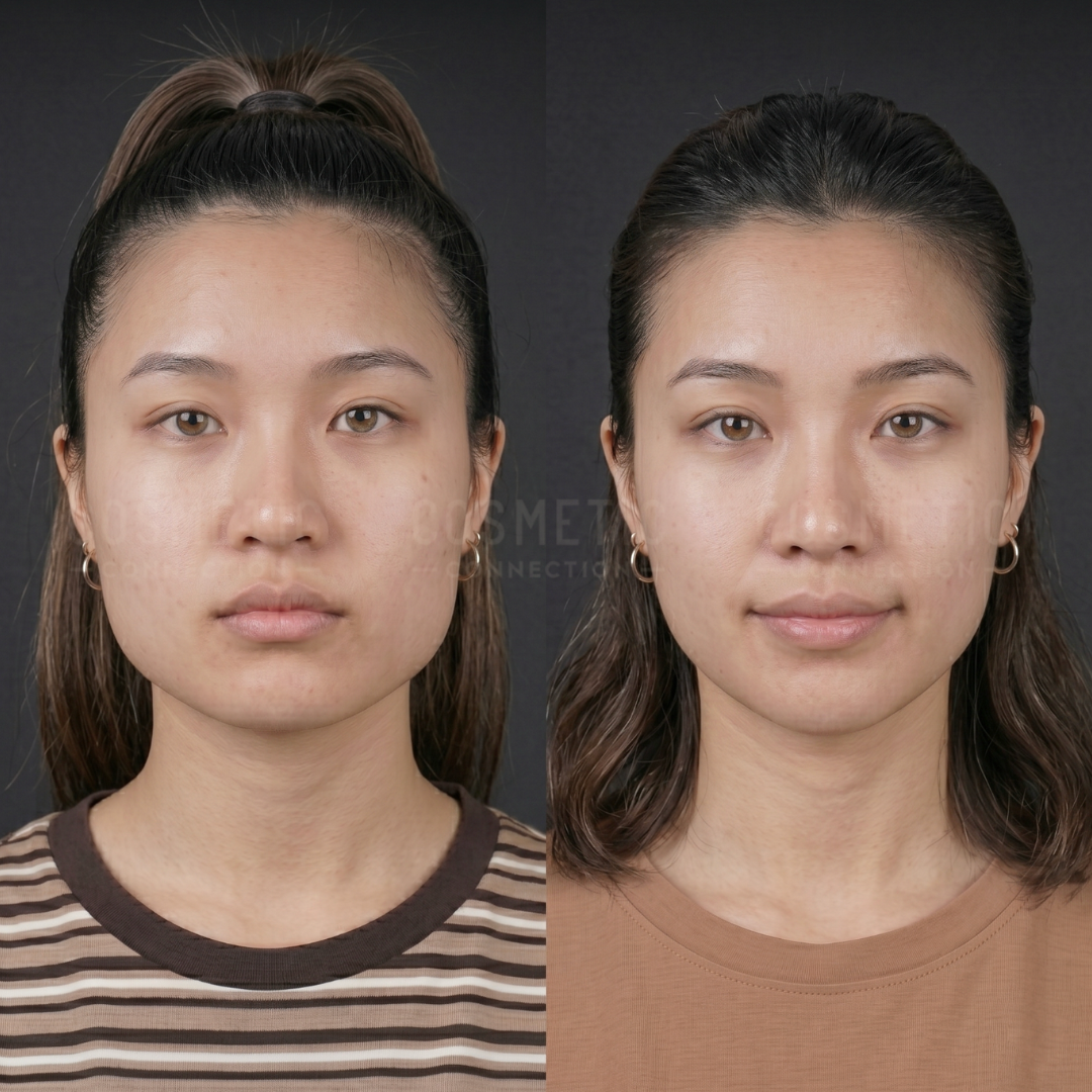 Side-by-side photos of a young woman with straight dark hair, before (left) and after (right) a cosmetic procedure. She wears a striped shirt in the left image and a plain brown shirt in the right image.