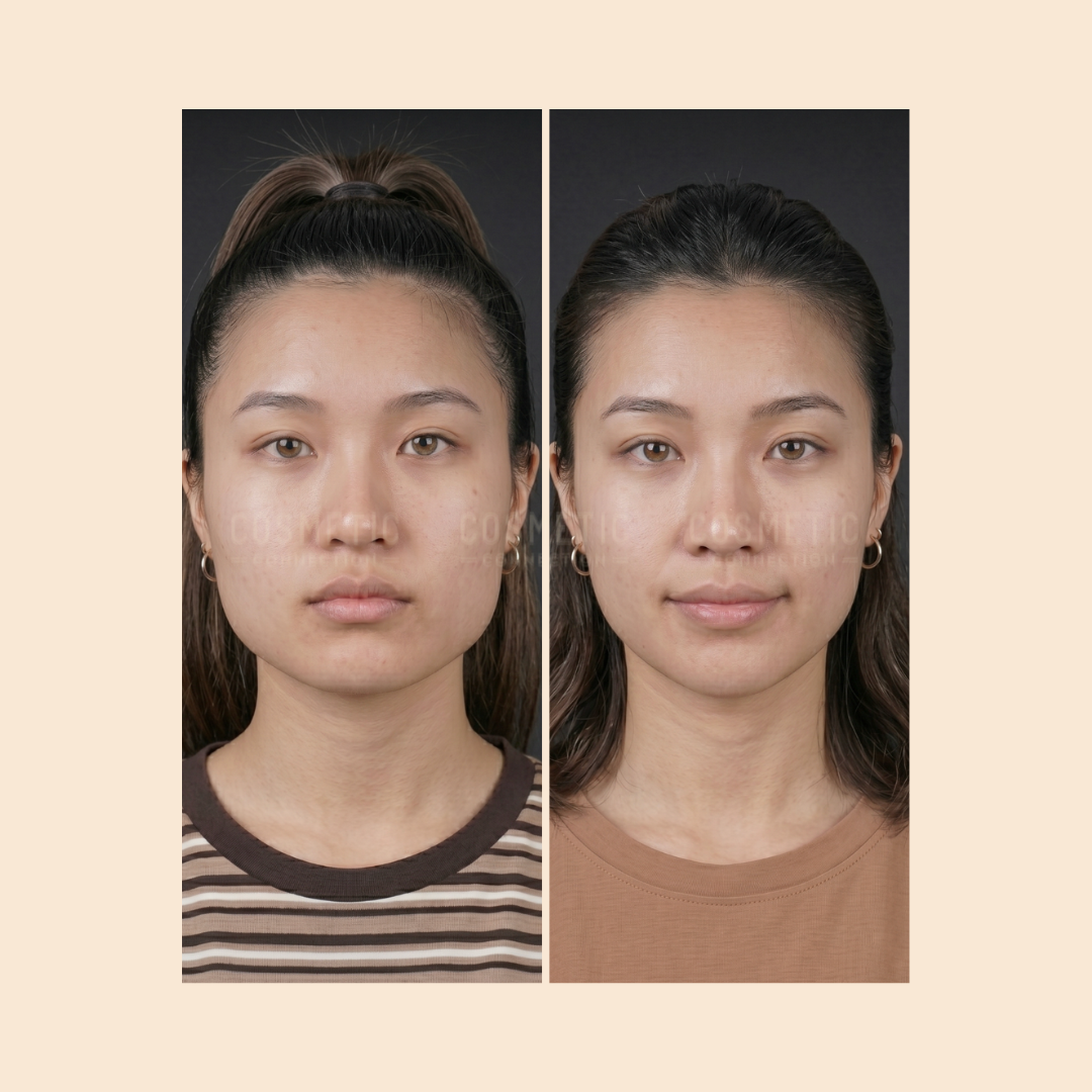 Side-by-side photos of a woman before and after a cosmetic procedure, showing subtle changes in her facial features. She has straight brown hair, neutral expressions, and is photographed against a black background.