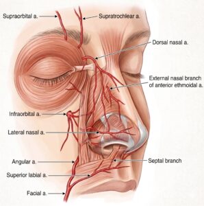 Anatomical illustration of the external arteries of the human nose, showing labels for the supraorbital, supratrochlear, dorsal nasal, external nasal, and more&mdash;highlighting key vessels involved in non surgical rhinoplasty risks.