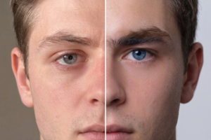 A split image shows two young men&rsquo;s faces side by side, each occupying half of the frame. Both have light skin, short brown hair, and blue hunter eyes, highlighting their similarities and subtle differences in facial features.